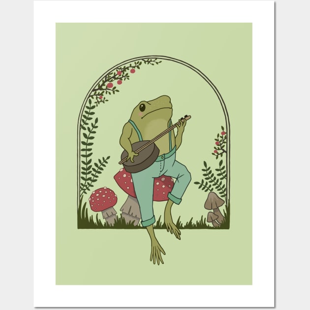 Cottagecore Aesthetic, Cute Frog Playing Banjo on Mushroom, Goblincore Mushroom Lover Wall Art by Ministry Of Frogs